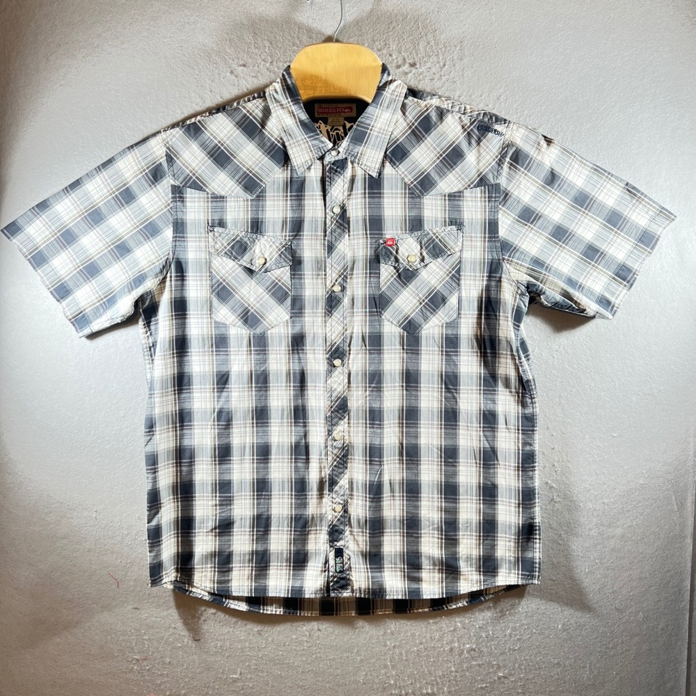 1199 | Quiksilver Western Plaid Pearl Snap Shirt Short Sleeve Gray Mens XL